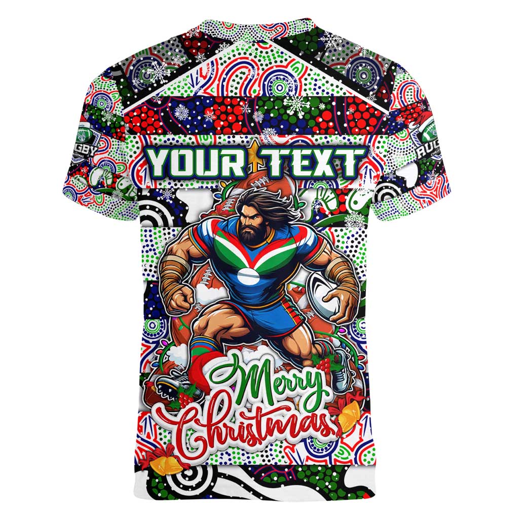 Custom New Zealand Warriors Rugby Merry Christmas Women V-Neck T-Shirt Indigenous Australian Art