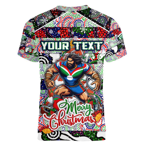 Custom New Zealand Warriors Rugby Merry Christmas Women V-Neck T-Shirt Indigenous Australian Art