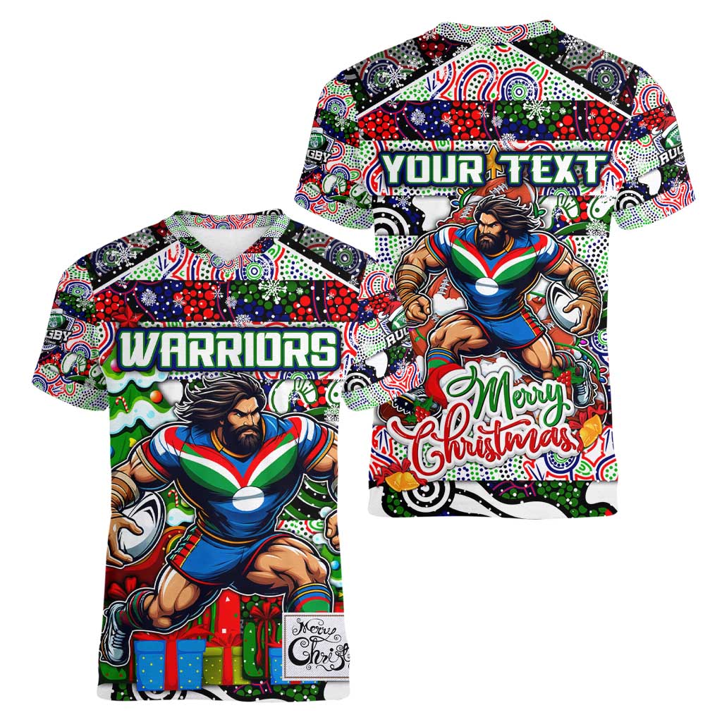 Custom New Zealand Warriors Rugby Merry Christmas Women V-Neck T-Shirt Indigenous Australian Art