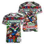 Custom New Zealand Warriors Rugby Merry Christmas Women V-Neck T-Shirt Indigenous Australian Art