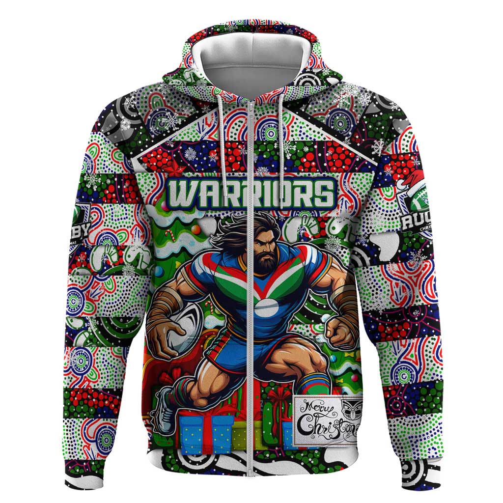 Custom New Zealand Warriors Rugby Merry Christmas Zip Hoodie Indigenous Australian Art
