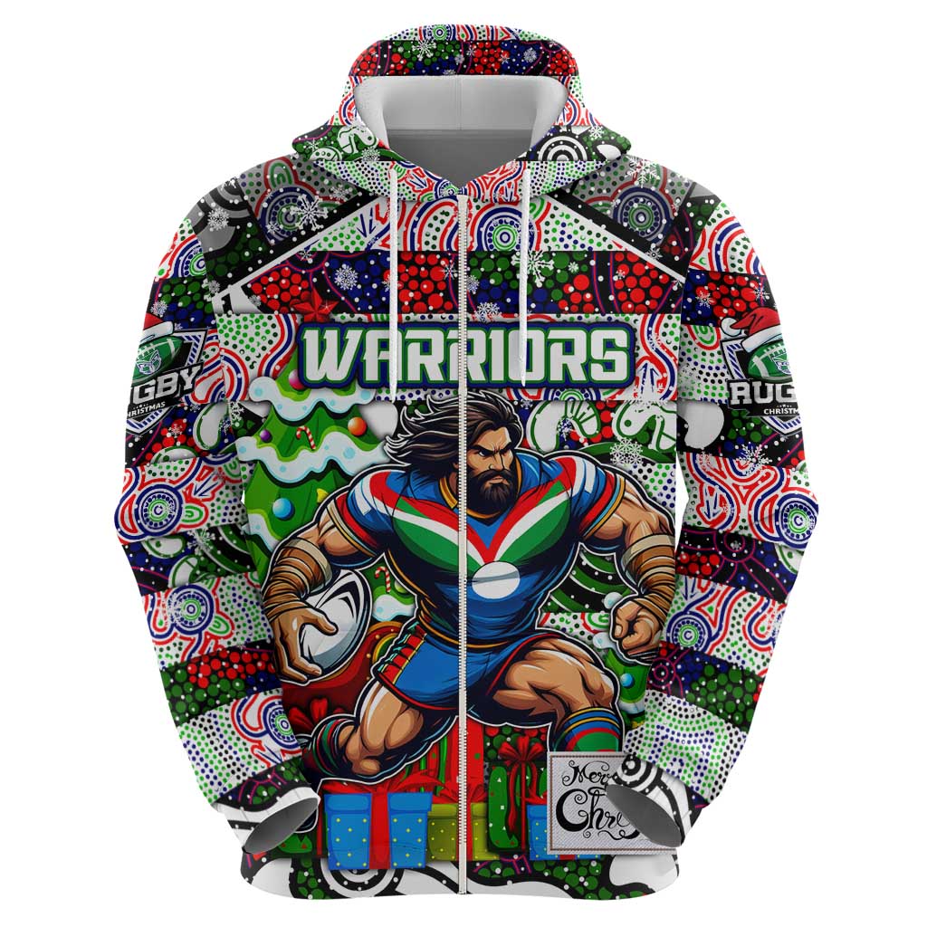 Custom New Zealand Warriors Rugby Merry Christmas Zip Hoodie Indigenous Australian Art