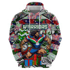 Custom New Zealand Warriors Rugby Merry Christmas Zip Hoodie Indigenous Australian Art