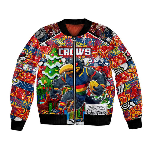 Custom Crows Rugby Merry Christmas Bomber Jacket Indigenous Australian Art