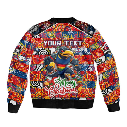 Custom Crows Rugby Merry Christmas Bomber Jacket Indigenous Australian Art