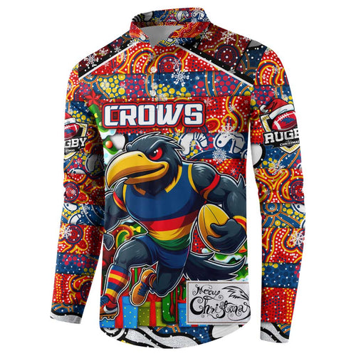 Custom Crows Rugby Merry Christmas Button Sweatshirt Indigenous Australian Art