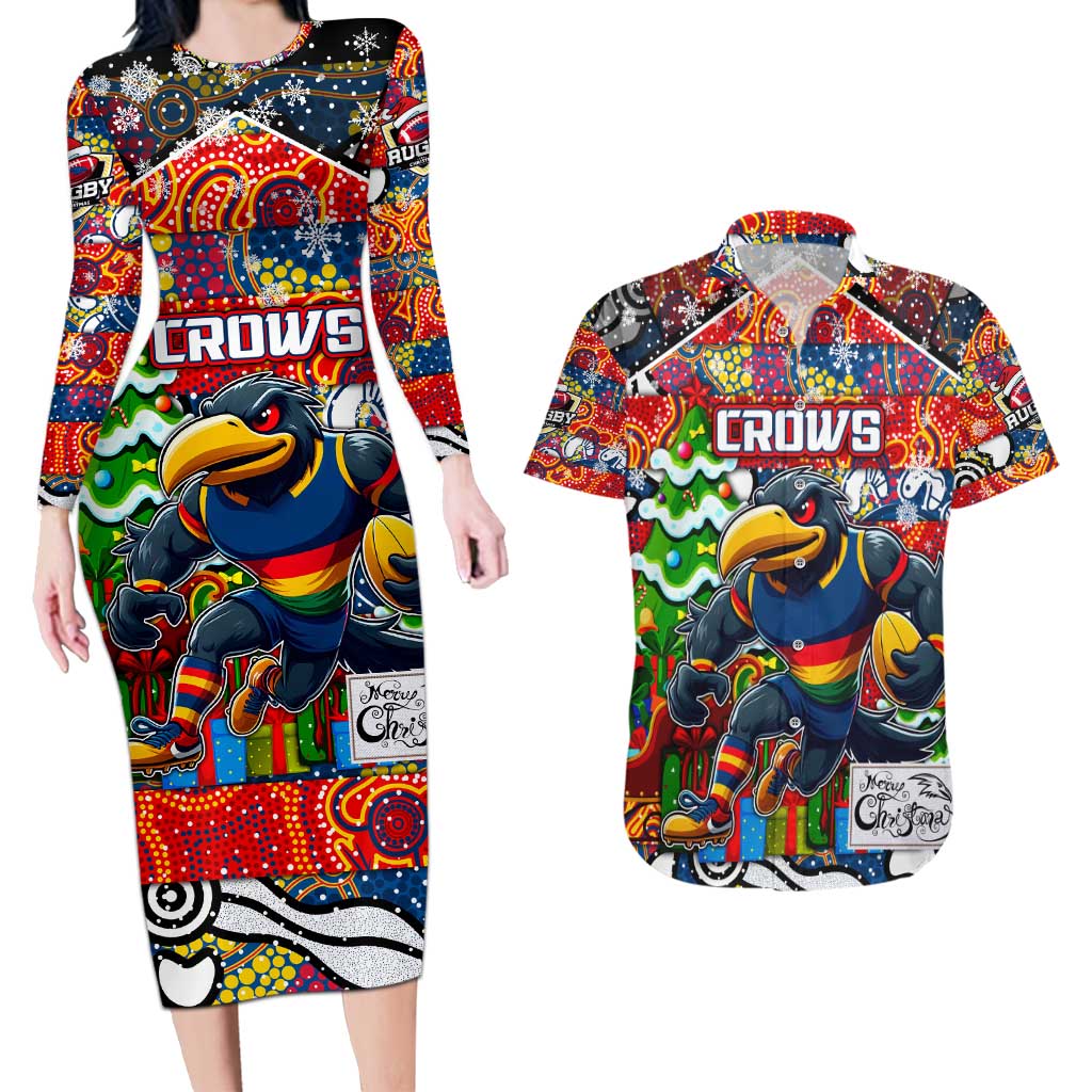 Custom Crows Rugby Merry Christmas Couples Matching Long Sleeve Bodycon Dress and Hawaiian Shirt Indigenous Australian Art