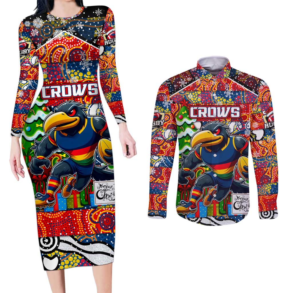Custom Crows Rugby Merry Christmas Couples Matching Long Sleeve Bodycon Dress and Long Sleeve Button Shirt Indigenous Australian Art