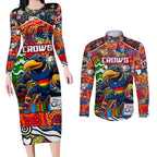 Custom Crows Rugby Merry Christmas Couples Matching Long Sleeve Bodycon Dress and Long Sleeve Button Shirt Indigenous Australian Art