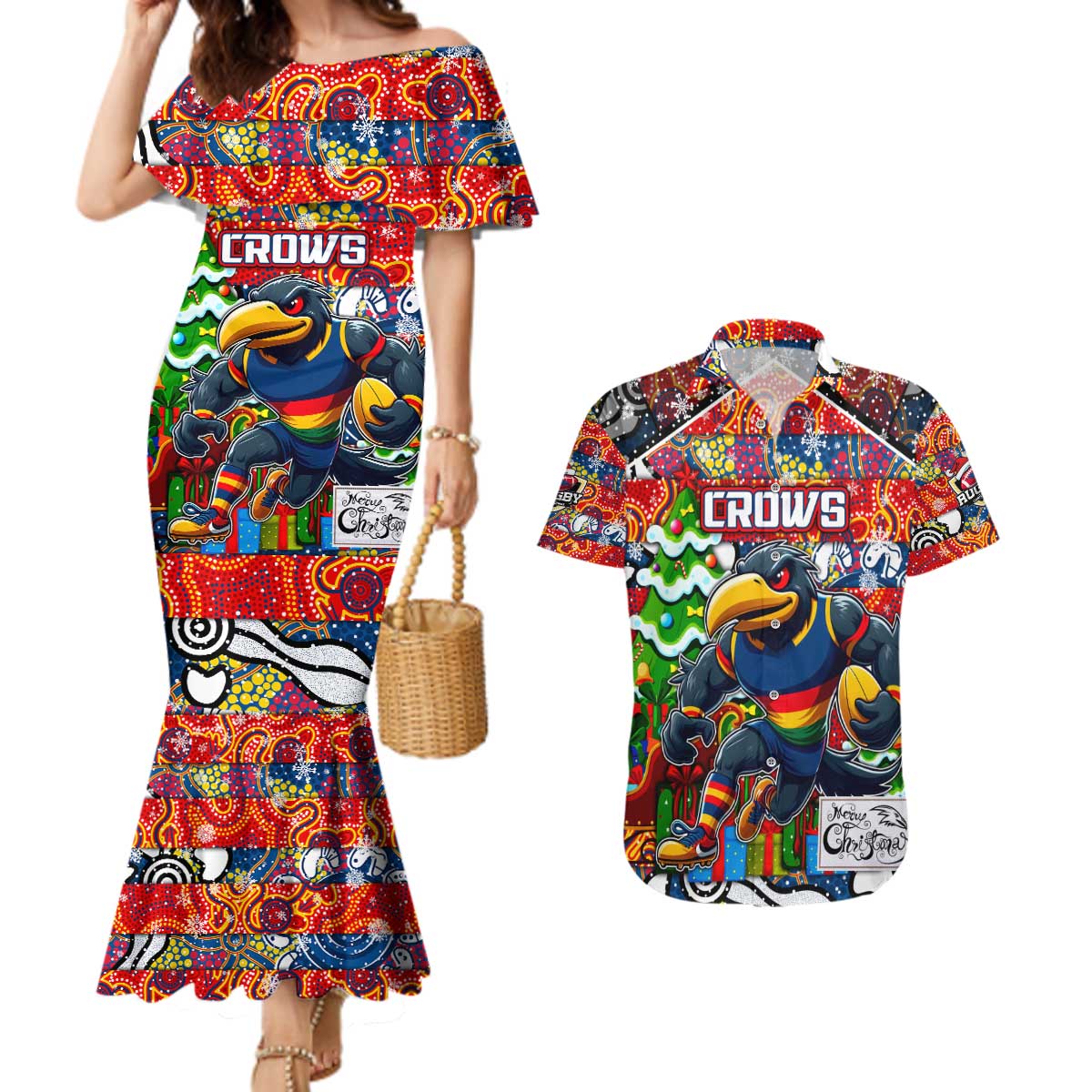 Custom Crows Rugby Merry Christmas Couples Matching Mermaid Dress and Hawaiian Shirt Indigenous Australian Art