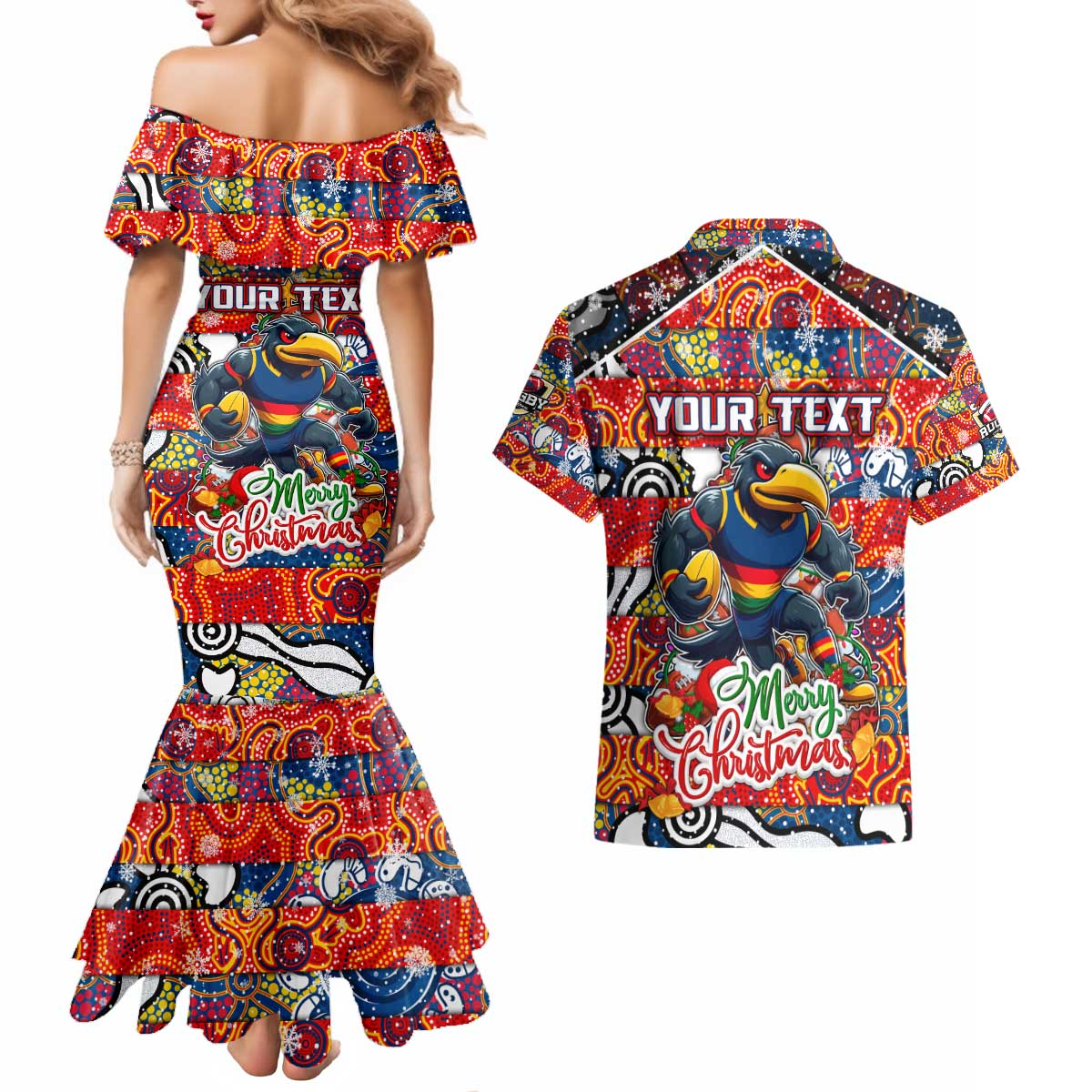 Custom Crows Rugby Merry Christmas Couples Matching Mermaid Dress and Hawaiian Shirt Indigenous Australian Art