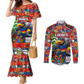 Custom Crows Rugby Merry Christmas Couples Matching Mermaid Dress and Long Sleeve Button Shirt Indigenous Australian Art