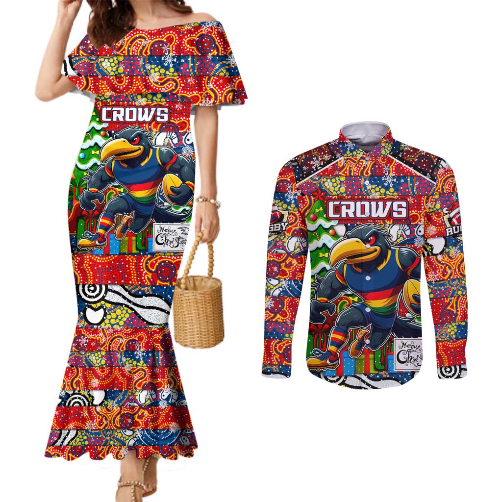 Custom Crows Rugby Merry Christmas Couples Matching Mermaid Dress and Long Sleeve Button Shirt Indigenous Australian Art