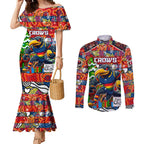 Custom Crows Rugby Merry Christmas Couples Matching Mermaid Dress and Long Sleeve Button Shirt Indigenous Australian Art