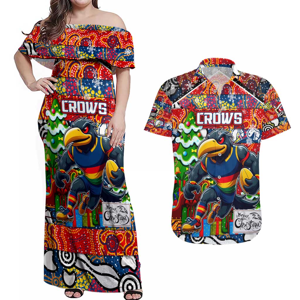 Custom Crows Rugby Merry Christmas Couples Matching Off Shoulder Maxi Dress and Hawaiian Shirt Indigenous Australian Art