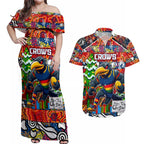 Custom Crows Rugby Merry Christmas Couples Matching Off Shoulder Maxi Dress and Hawaiian Shirt Indigenous Australian Art