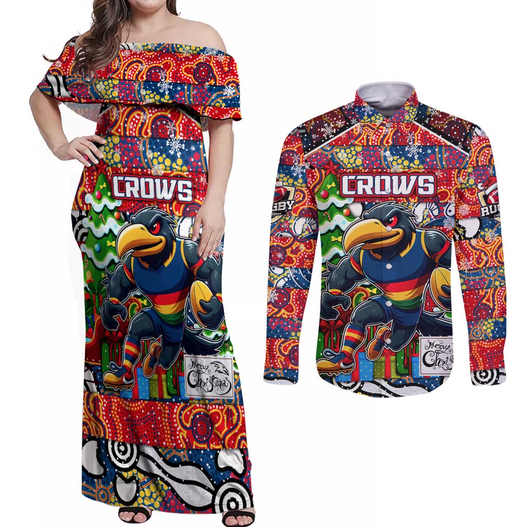 Custom Crows Rugby Merry Christmas Couples Matching Off Shoulder Maxi Dress and Long Sleeve Button Shirt Indigenous Australian Art
