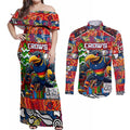 Custom Crows Rugby Merry Christmas Couples Matching Off Shoulder Maxi Dress and Long Sleeve Button Shirt Indigenous Australian Art