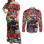 Custom Crows Rugby Merry Christmas Couples Matching Off Shoulder Maxi Dress and Long Sleeve Button Shirt Indigenous Australian Art