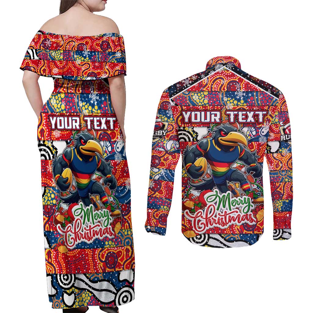 Custom Crows Rugby Merry Christmas Couples Matching Off Shoulder Maxi Dress and Long Sleeve Button Shirt Indigenous Australian Art
