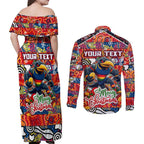 Custom Crows Rugby Merry Christmas Couples Matching Off Shoulder Maxi Dress and Long Sleeve Button Shirt Indigenous Australian Art