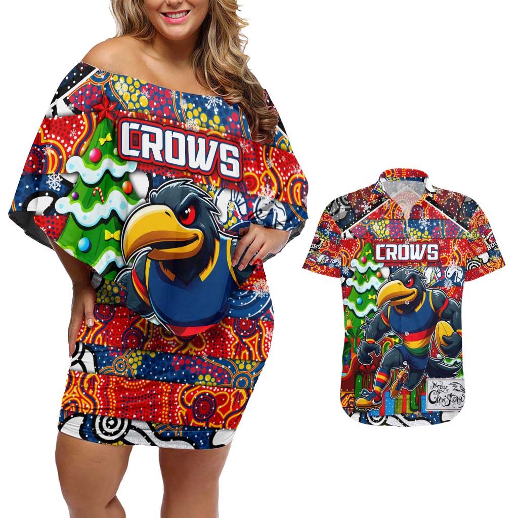 Custom Crows Rugby Merry Christmas Couples Matching Off Shoulder Short Dress and Hawaiian Shirt Indigenous Australian Art