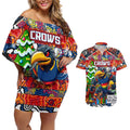 Custom Crows Rugby Merry Christmas Couples Matching Off Shoulder Short Dress and Hawaiian Shirt Indigenous Australian Art