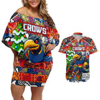 Custom Crows Rugby Merry Christmas Couples Matching Off Shoulder Short Dress and Hawaiian Shirt Indigenous Australian Art