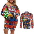 Custom Crows Rugby Merry Christmas Couples Matching Off Shoulder Short Dress and Long Sleeve Button Shirt Indigenous Australian Art