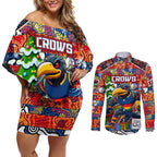 Custom Crows Rugby Merry Christmas Couples Matching Off Shoulder Short Dress and Long Sleeve Button Shirt Indigenous Australian Art
