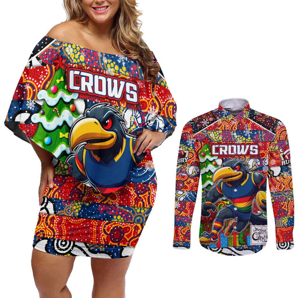 Custom Crows Rugby Merry Christmas Couples Matching Off Shoulder Short Dress and Long Sleeve Button Shirt Indigenous Australian Art
