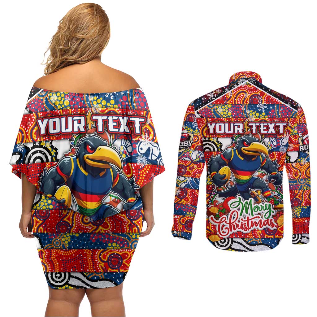 Custom Crows Rugby Merry Christmas Couples Matching Off Shoulder Short Dress and Long Sleeve Button Shirt Indigenous Australian Art