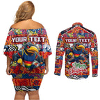 Custom Crows Rugby Merry Christmas Couples Matching Off Shoulder Short Dress and Long Sleeve Button Shirt Indigenous Australian Art