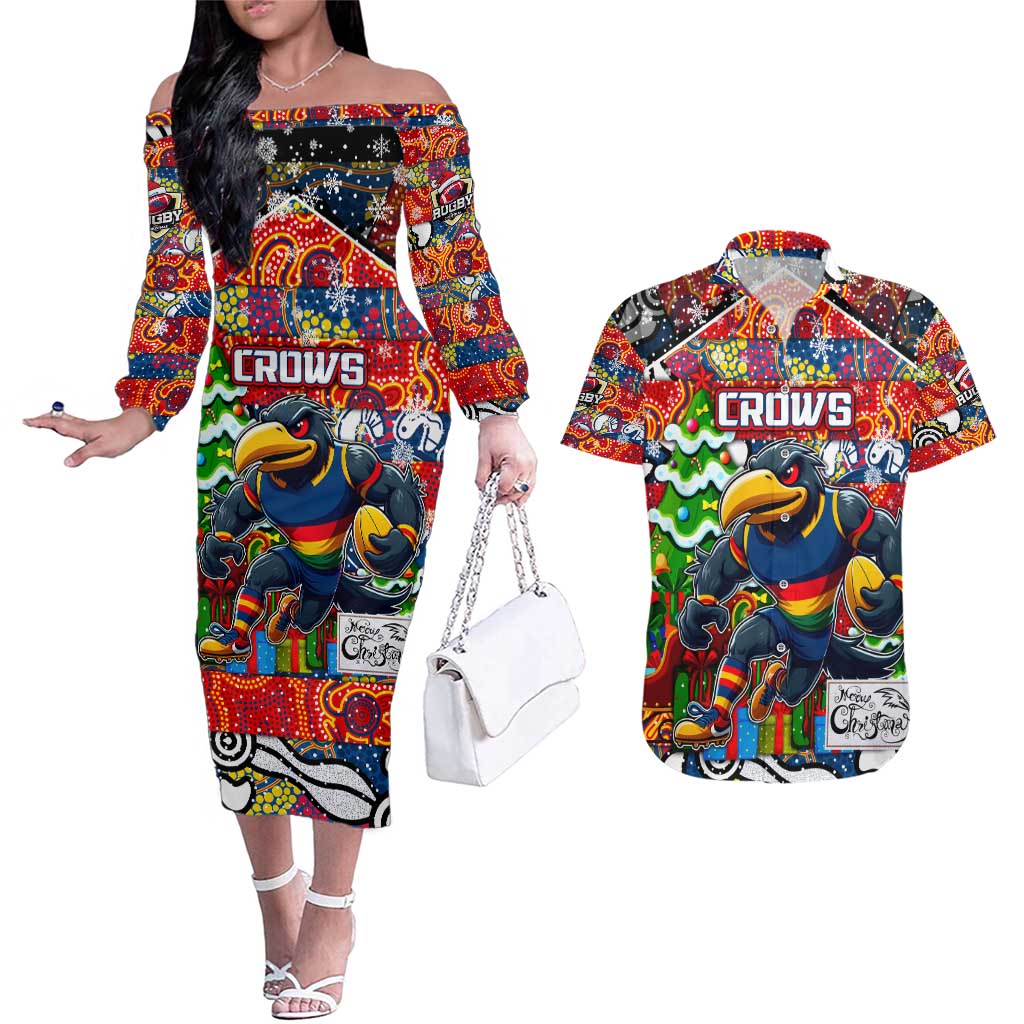 Custom Crows Rugby Merry Christmas Couples Matching Off The Shoulder Long Sleeve Dress and Hawaiian Shirt Indigenous Australian Art