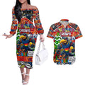 Custom Crows Rugby Merry Christmas Couples Matching Off The Shoulder Long Sleeve Dress and Hawaiian Shirt Indigenous Australian Art