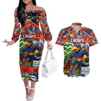 Custom Crows Rugby Merry Christmas Couples Matching Off The Shoulder Long Sleeve Dress and Hawaiian Shirt Indigenous Australian Art