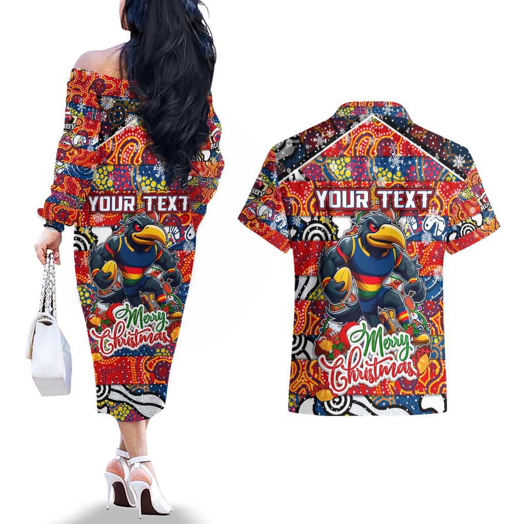 Custom Crows Rugby Merry Christmas Couples Matching Off The Shoulder Long Sleeve Dress and Hawaiian Shirt Indigenous Australian Art