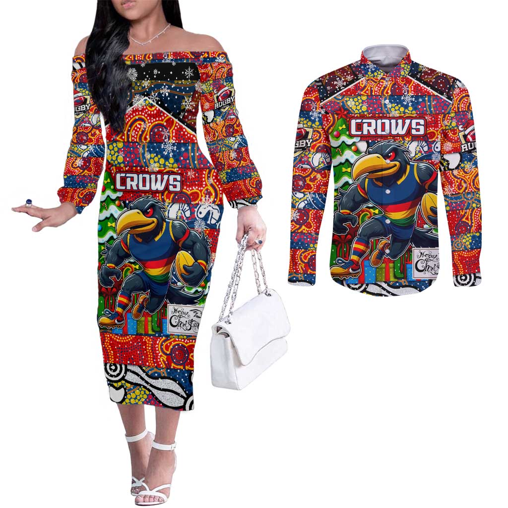Custom Crows Rugby Merry Christmas Couples Matching Off The Shoulder Long Sleeve Dress and Long Sleeve Button Shirt Indigenous Australian Art