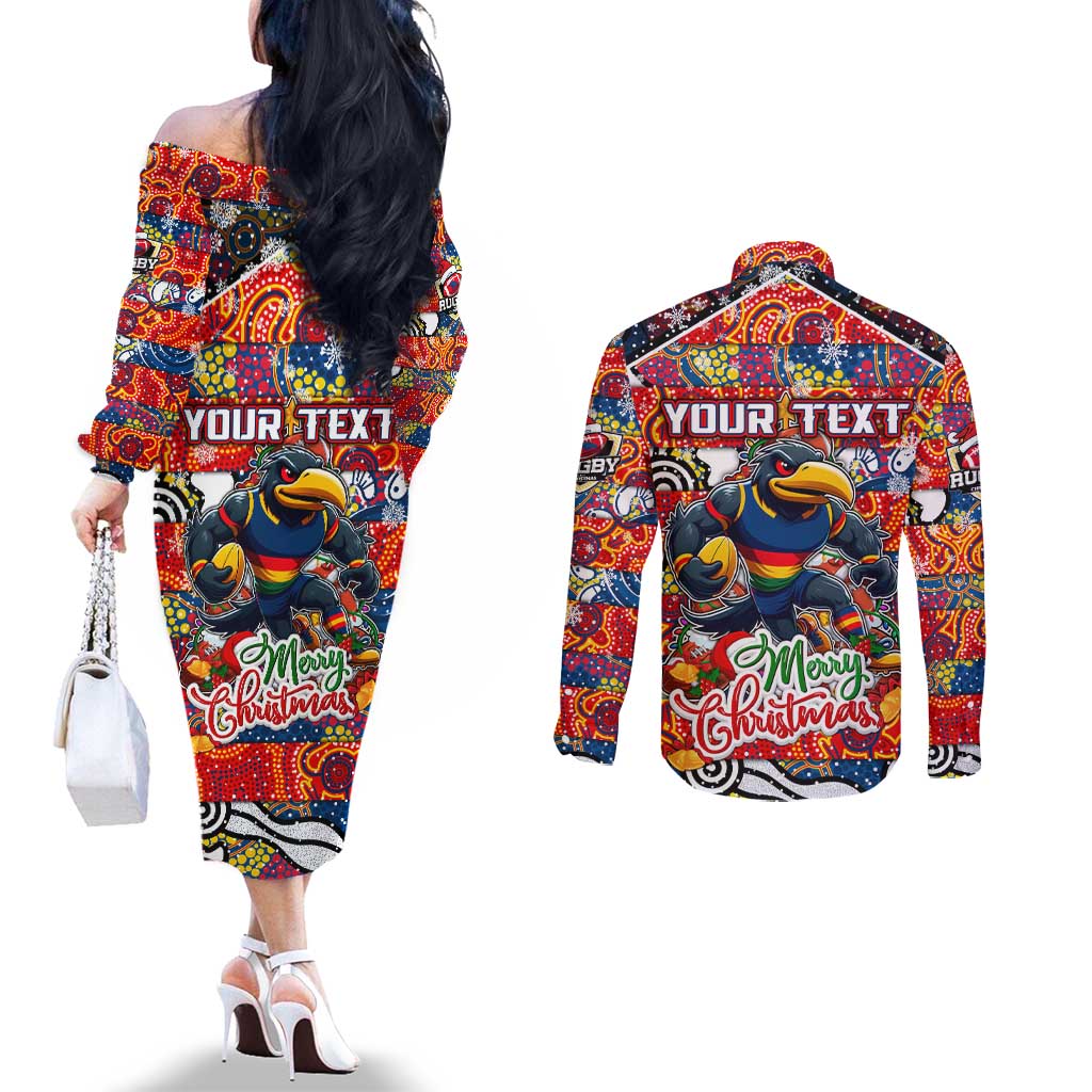 Custom Crows Rugby Merry Christmas Couples Matching Off The Shoulder Long Sleeve Dress and Long Sleeve Button Shirt Indigenous Australian Art
