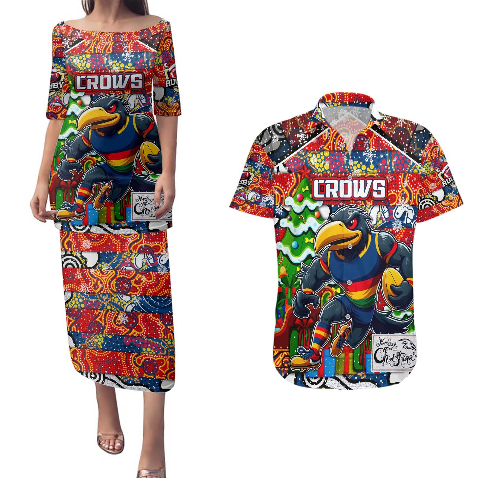 Custom Crows Rugby Merry Christmas Couples Matching Puletasi and Hawaiian Shirt Indigenous Australian Art