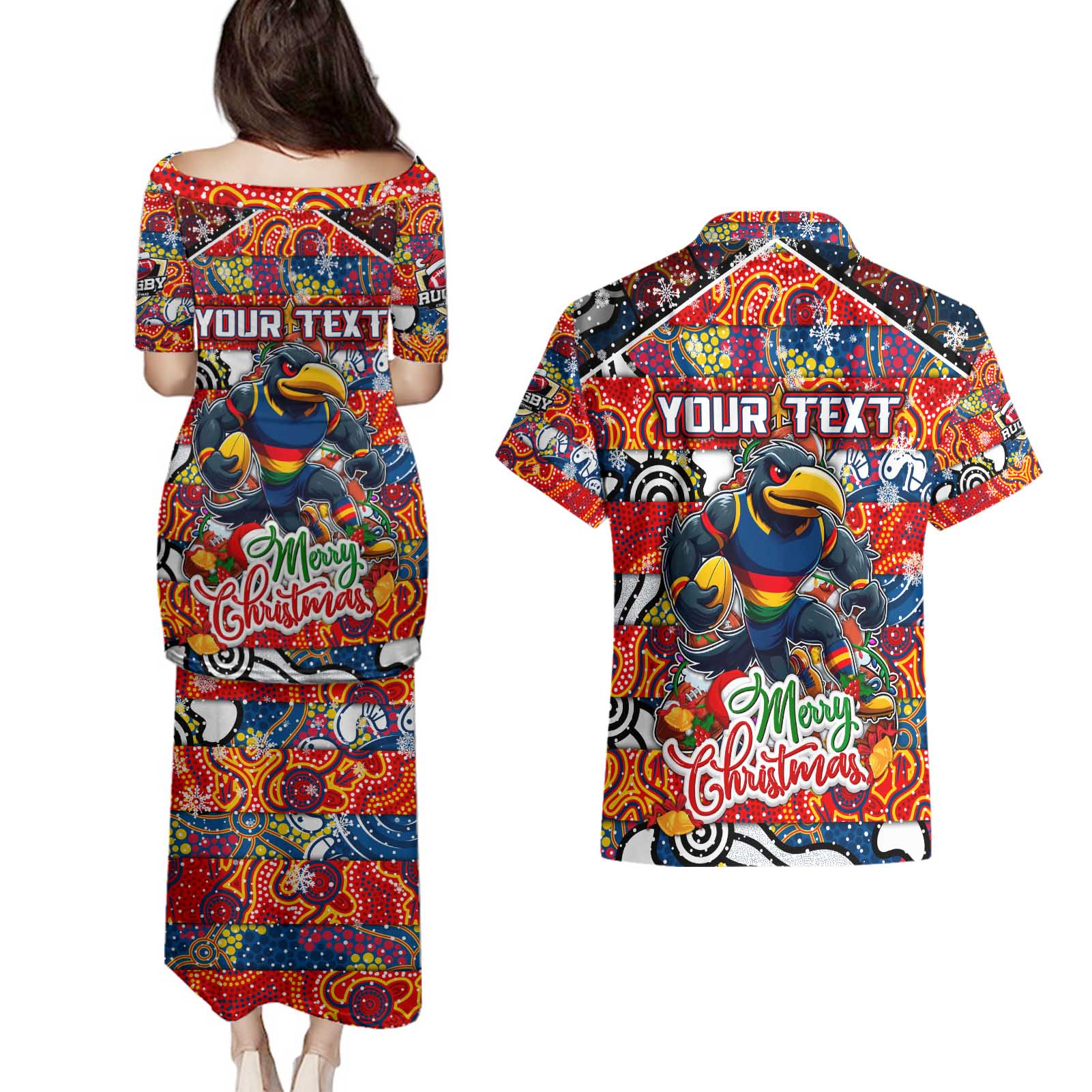 Custom Crows Rugby Merry Christmas Couples Matching Puletasi and Hawaiian Shirt Indigenous Australian Art