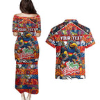 Custom Crows Rugby Merry Christmas Couples Matching Puletasi and Hawaiian Shirt Indigenous Australian Art