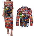Custom Crows Rugby Merry Christmas Couples Matching Puletasi and Long Sleeve Button Shirt Indigenous Australian Art