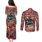 Custom Crows Rugby Merry Christmas Couples Matching Puletasi and Long Sleeve Button Shirt Indigenous Australian Art