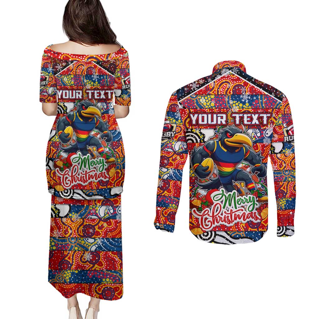 Custom Crows Rugby Merry Christmas Couples Matching Puletasi and Long Sleeve Button Shirt Indigenous Australian Art