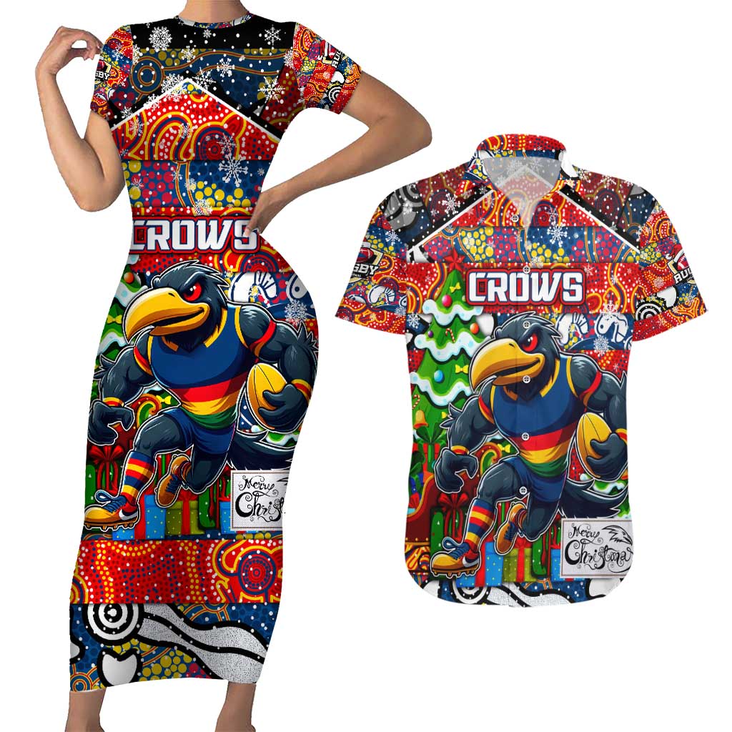 Custom Crows Rugby Merry Christmas Couples Matching Short Sleeve Bodycon Dress and Hawaiian Shirt Indigenous Australian Art