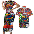 Custom Crows Rugby Merry Christmas Couples Matching Short Sleeve Bodycon Dress and Hawaiian Shirt Indigenous Australian Art