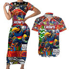 Custom Crows Rugby Merry Christmas Couples Matching Short Sleeve Bodycon Dress and Hawaiian Shirt Indigenous Australian Art