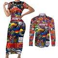Custom Crows Rugby Merry Christmas Couples Matching Short Sleeve Bodycon Dress and Long Sleeve Button Shirt Indigenous Australian Art