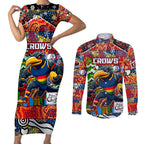 Custom Crows Rugby Merry Christmas Couples Matching Short Sleeve Bodycon Dress and Long Sleeve Button Shirt Indigenous Australian Art